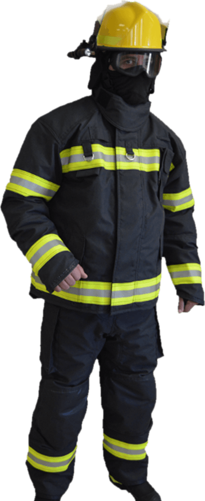 Firefighter in a structural bunker suit with helmet, gloves and boots